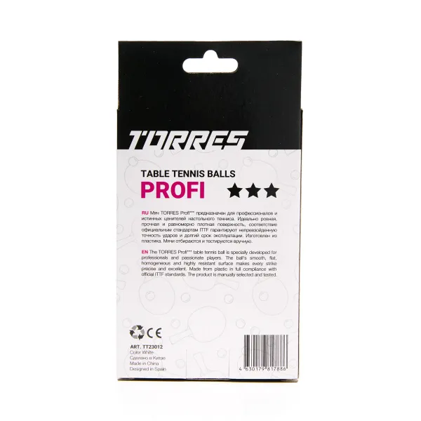 Мяч для наст. тенниса TORRES Profi 3*, TT23012, диам. 40+мм, упак. 6 шт, белый за 338.30 ₽ в Самаре